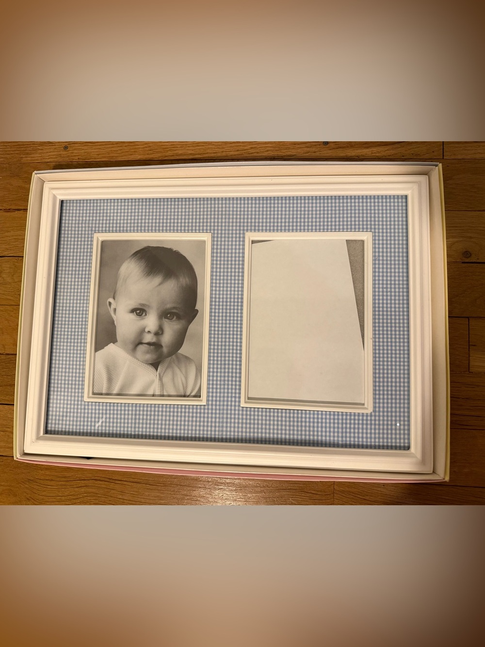 White Double Photo Frame with Blue Gingham Mat - Home Accents